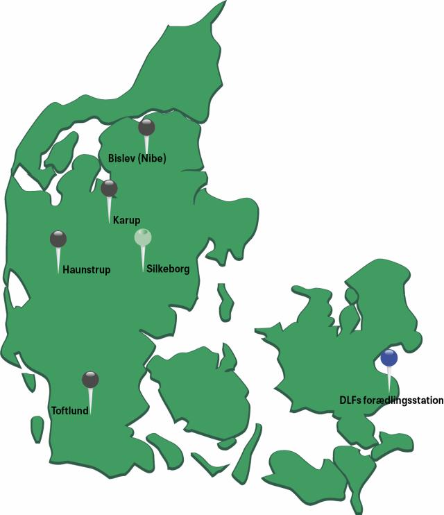 Kort over DLF's Grovfodercentre i Danmark