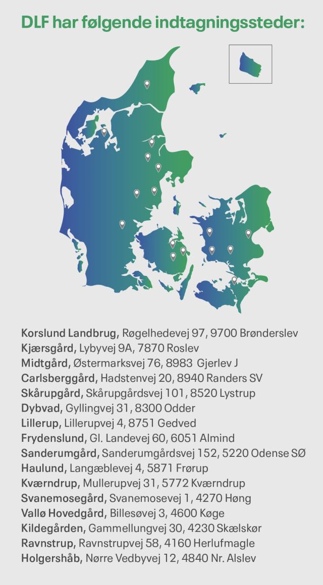 Danmarkskort der viser DLF's indtagningssteder for raps